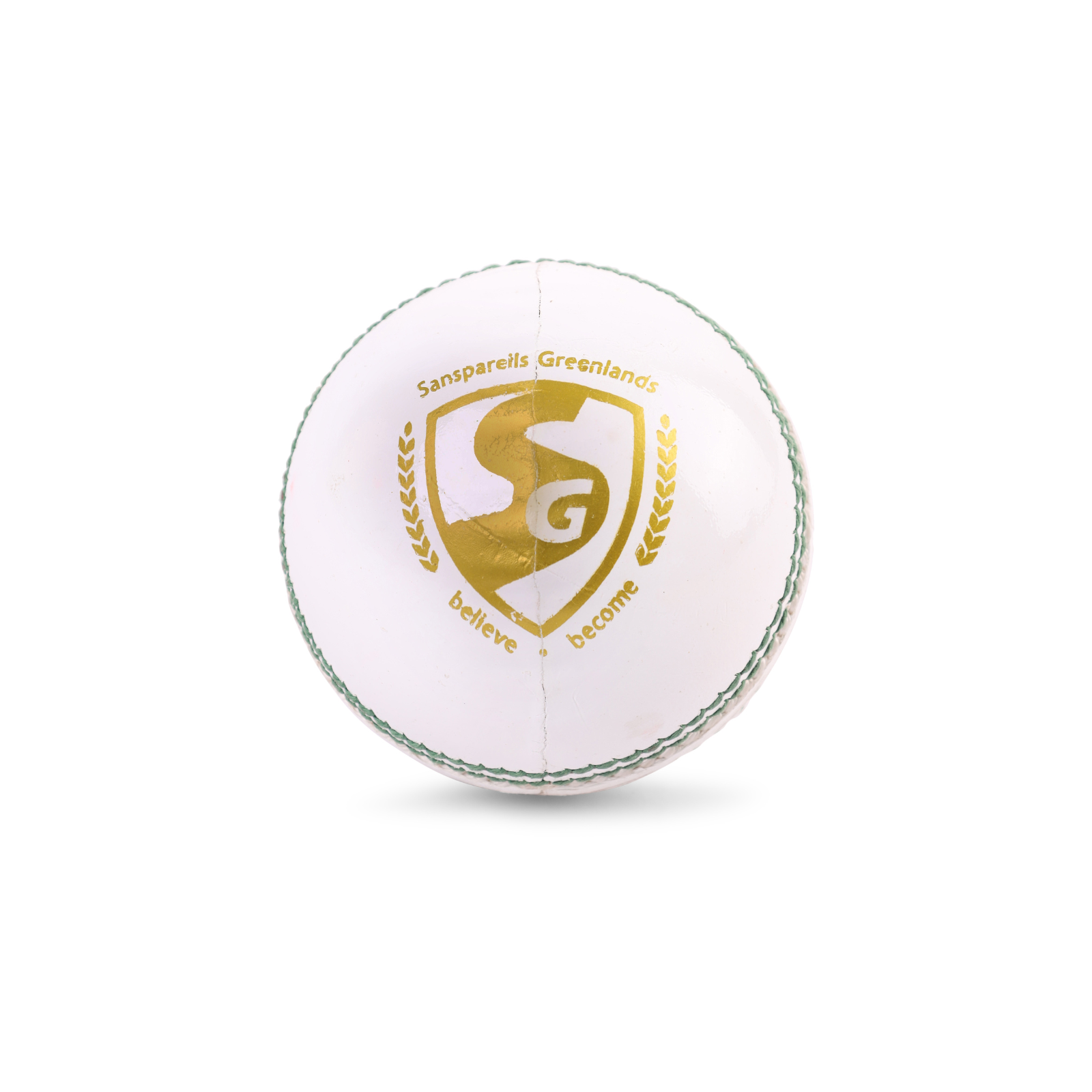 SG Club White cricket ball close-up with traditional cricket finish
