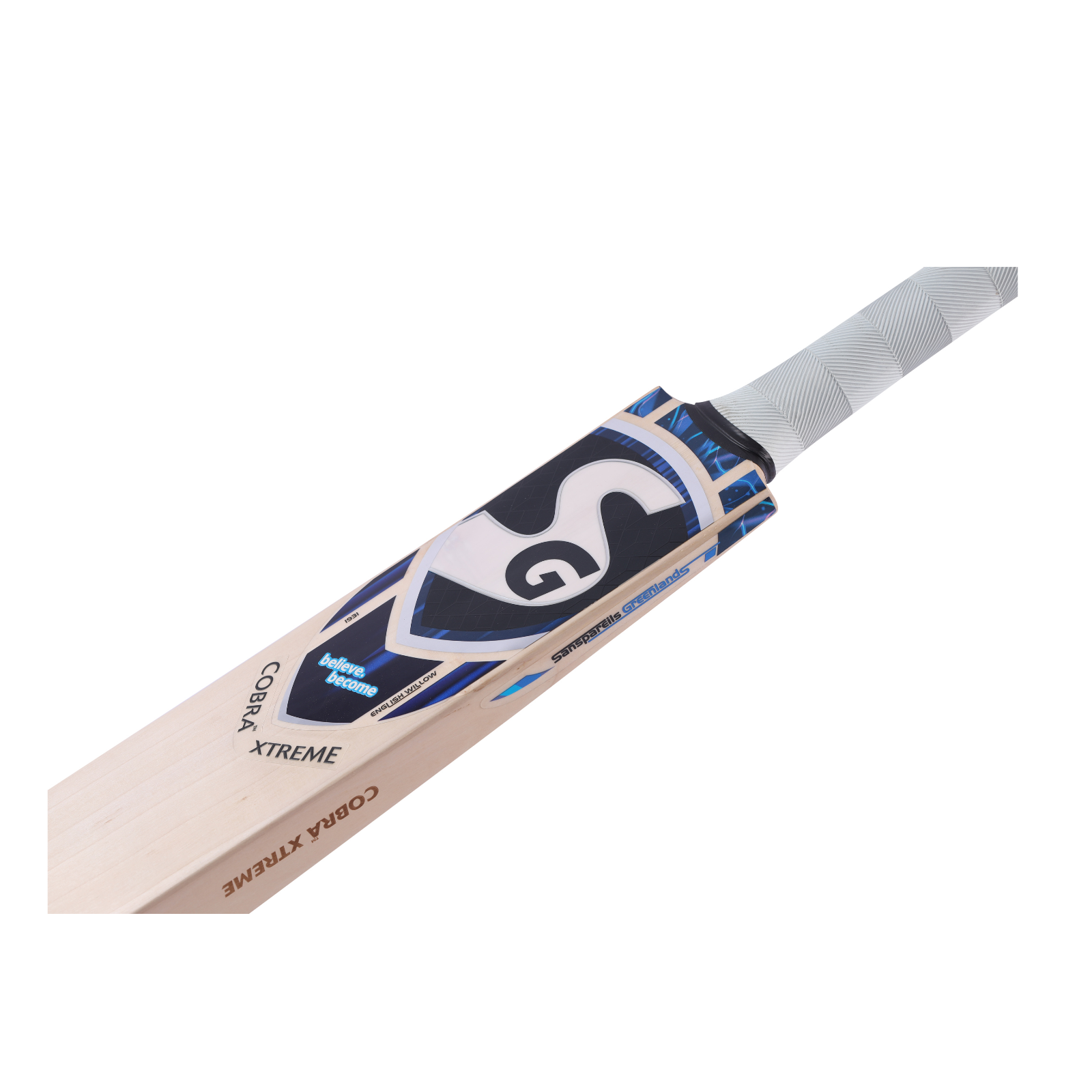 Handle and grip detail of the SG Cobra Xtreme English willow bat