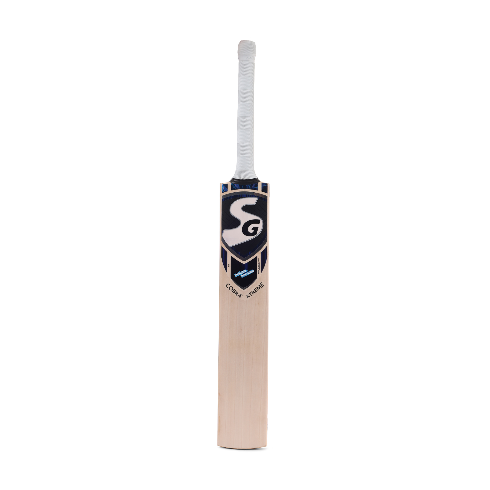 An SG Cobra Xtreme English Willow Cricket Bat with a white and navy color logo on the front, displaying the brand name and the model, with a full-length bat cover in the background.