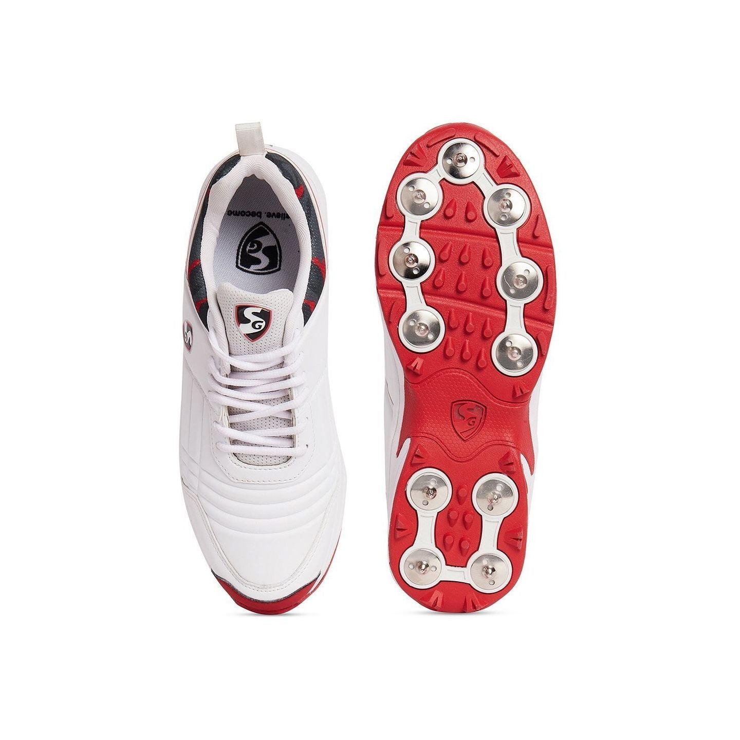A pair of white SG Savage Spikes 1.0 cricket shoes with red metal spikes for traction SG cricket shoes for men with lightweight construction and comfort