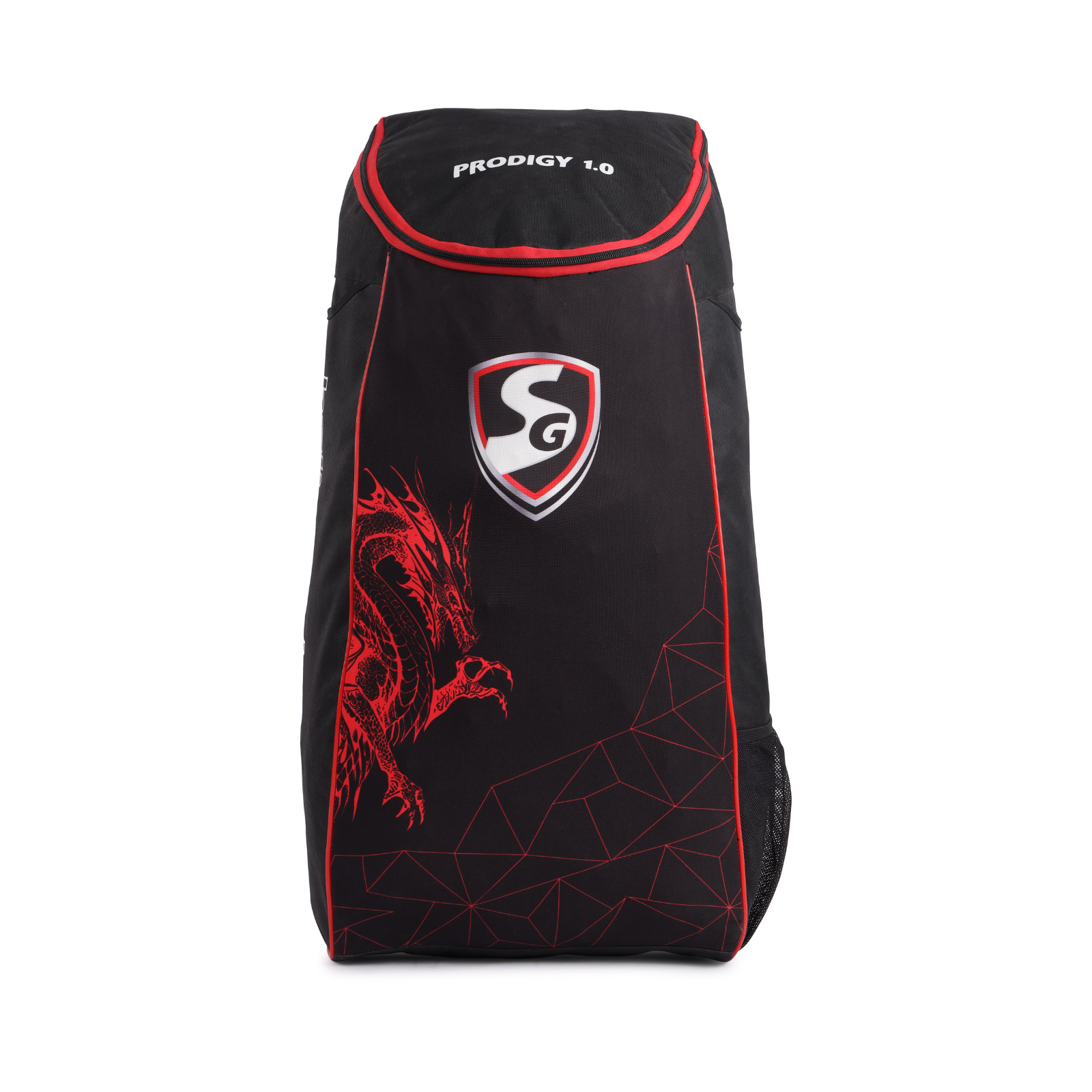 A black and red SG Dragon Prodigy 1.0 duffle bag with a dragon design front view