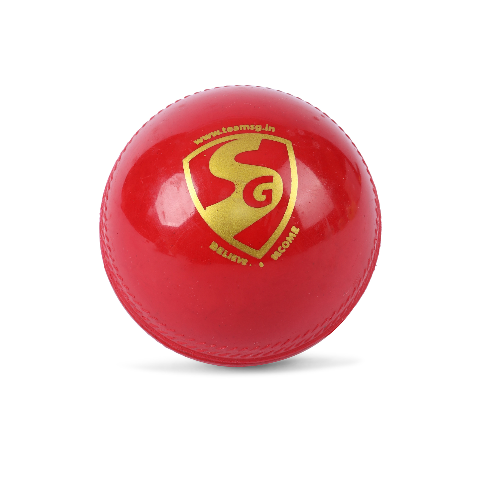 SG Everlast red cricket ball close-up