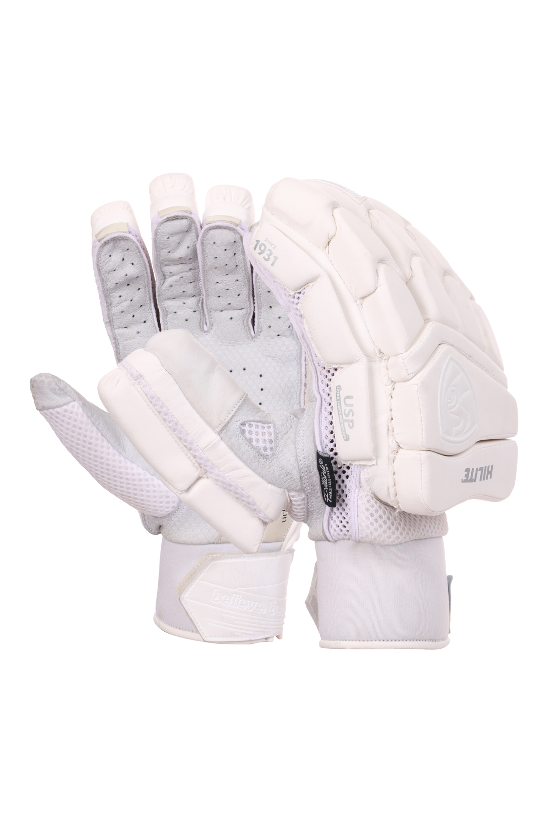 Pair of white SG Hilite batting gloves on a plain background