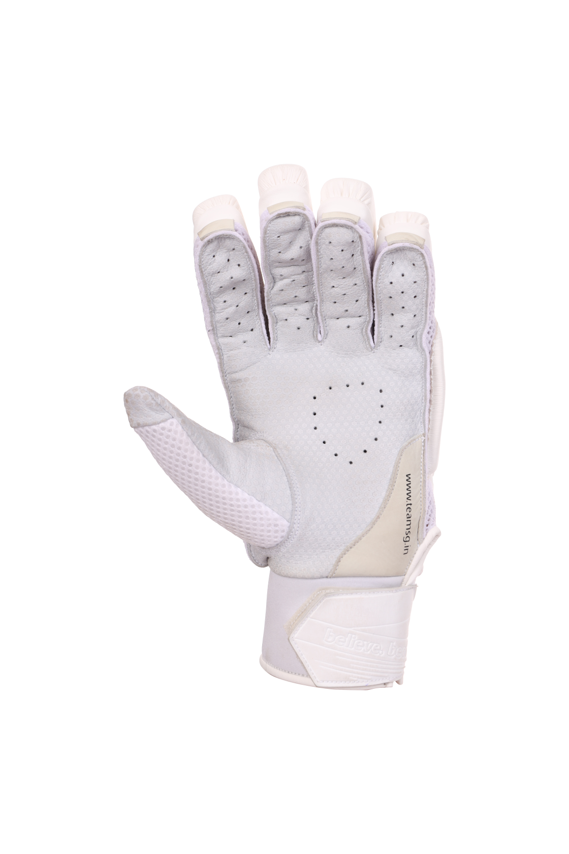 Lightweight back of the white SG Hilite batting gloves