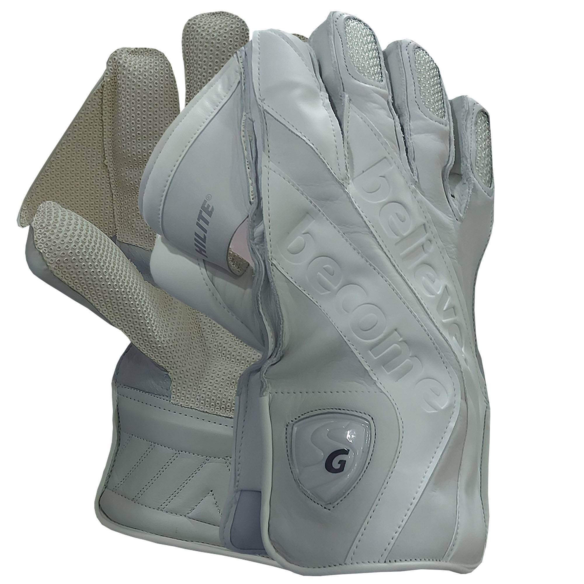 Gray motorcycle glove Pair of SG Hilite White wicket keeping gloves, front view