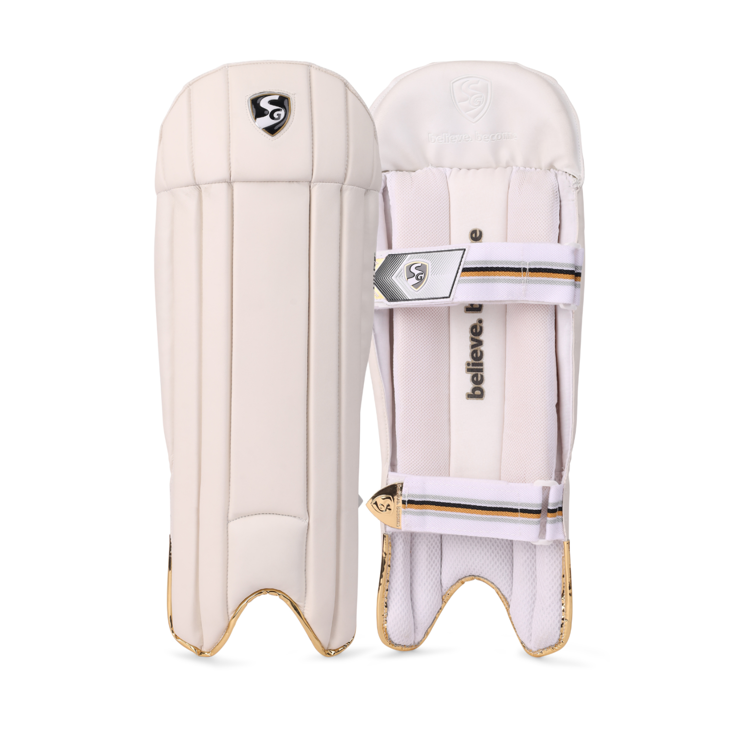 SG Hilite wicket keeping pads, a pair of lightweight leg guards on a plain background