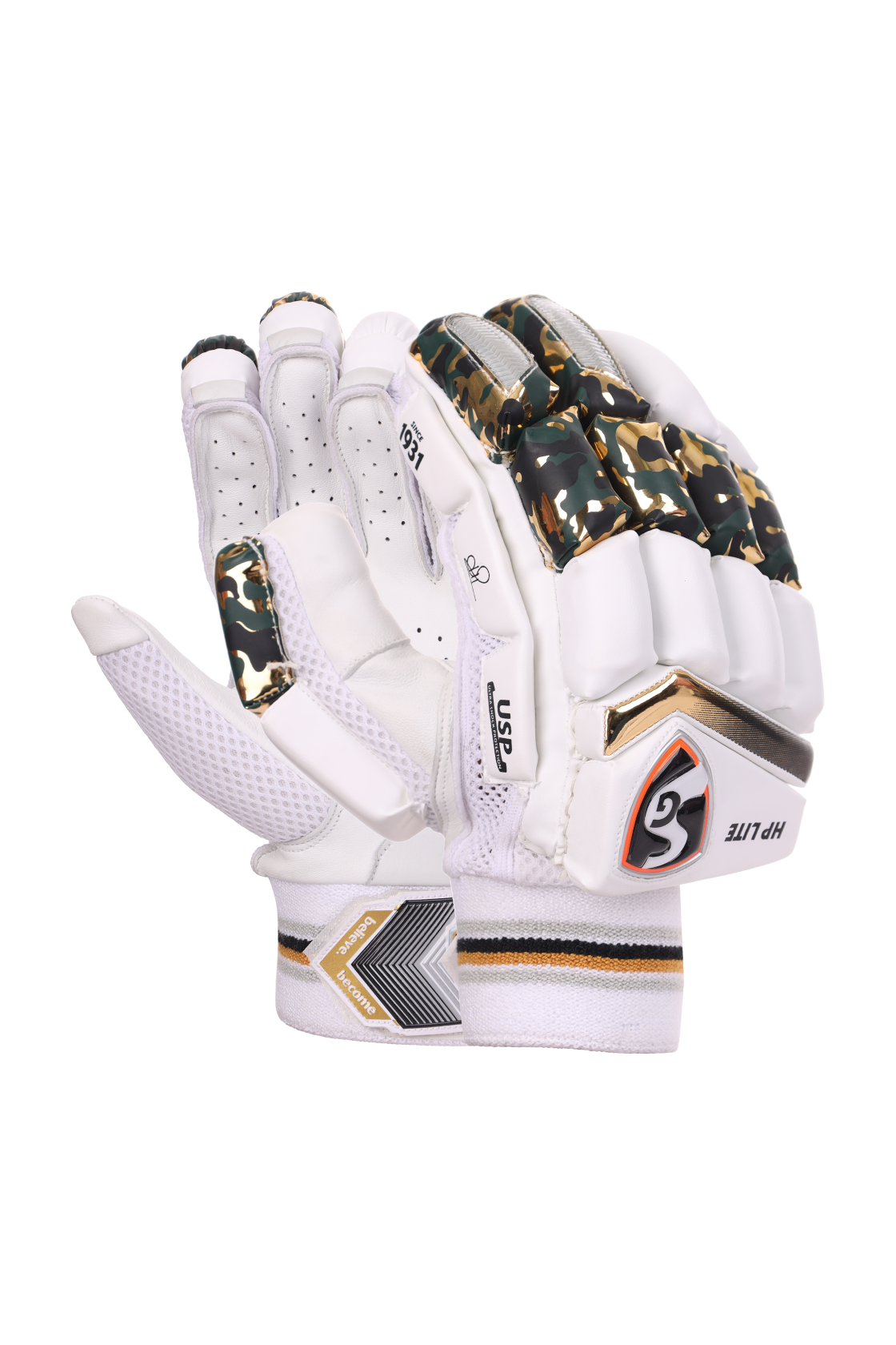 A pair of white SG HP Lite batting gloves with black and gold accents Pair of SG HP Lite cricket batting gloves on a plain background