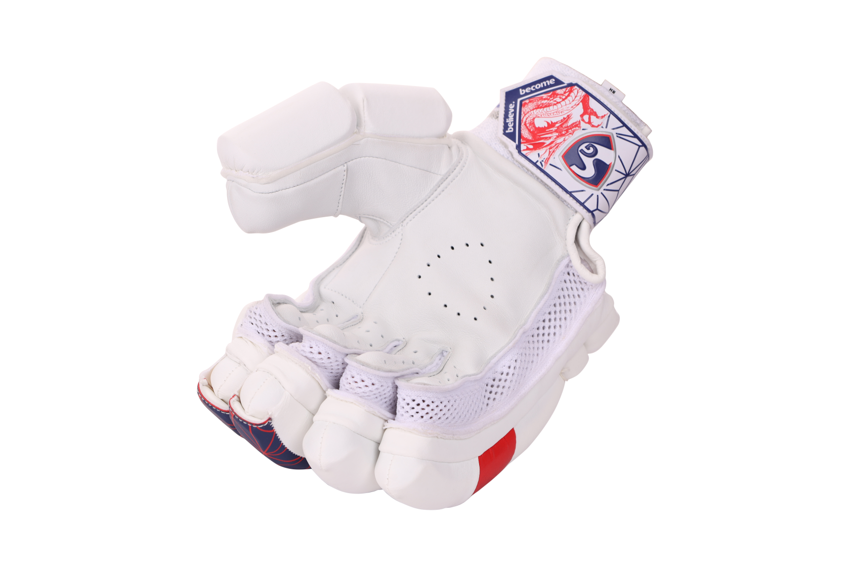 Close-up of the finger section on the white SG KLR 1 batting gloves