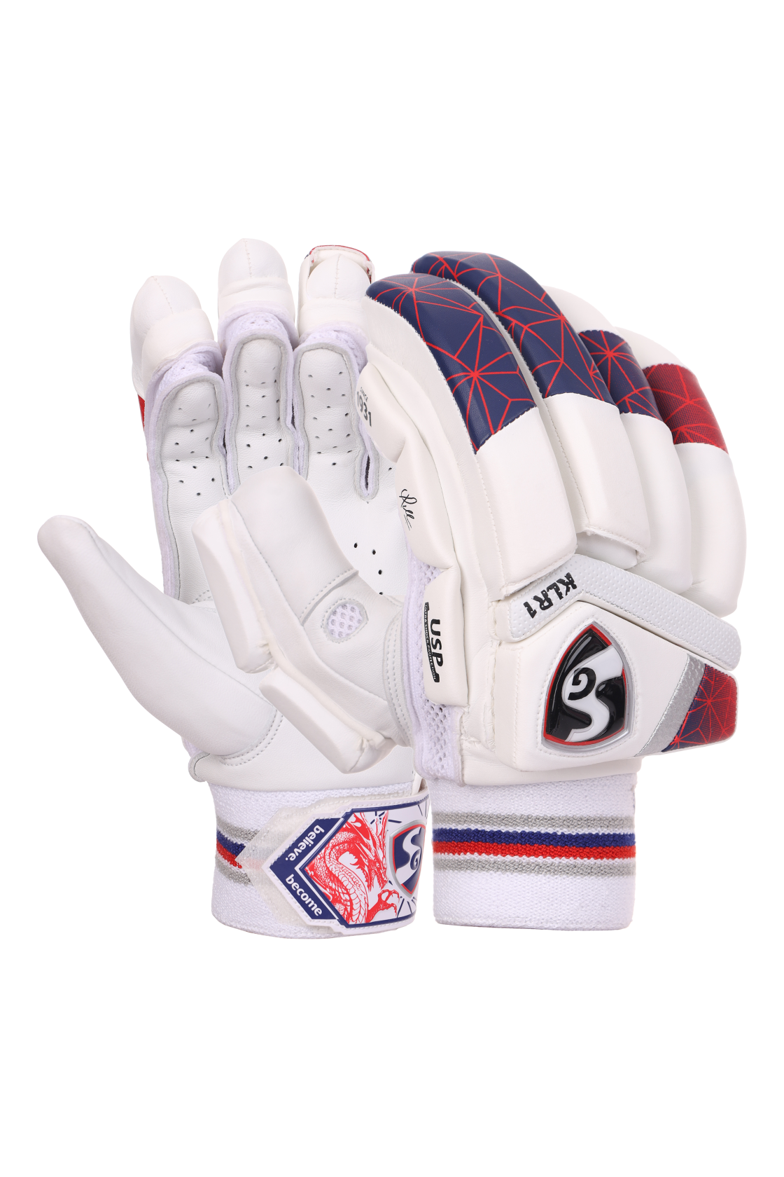 Pair of white SG KLR 1 batting gloves photographed on a plain background