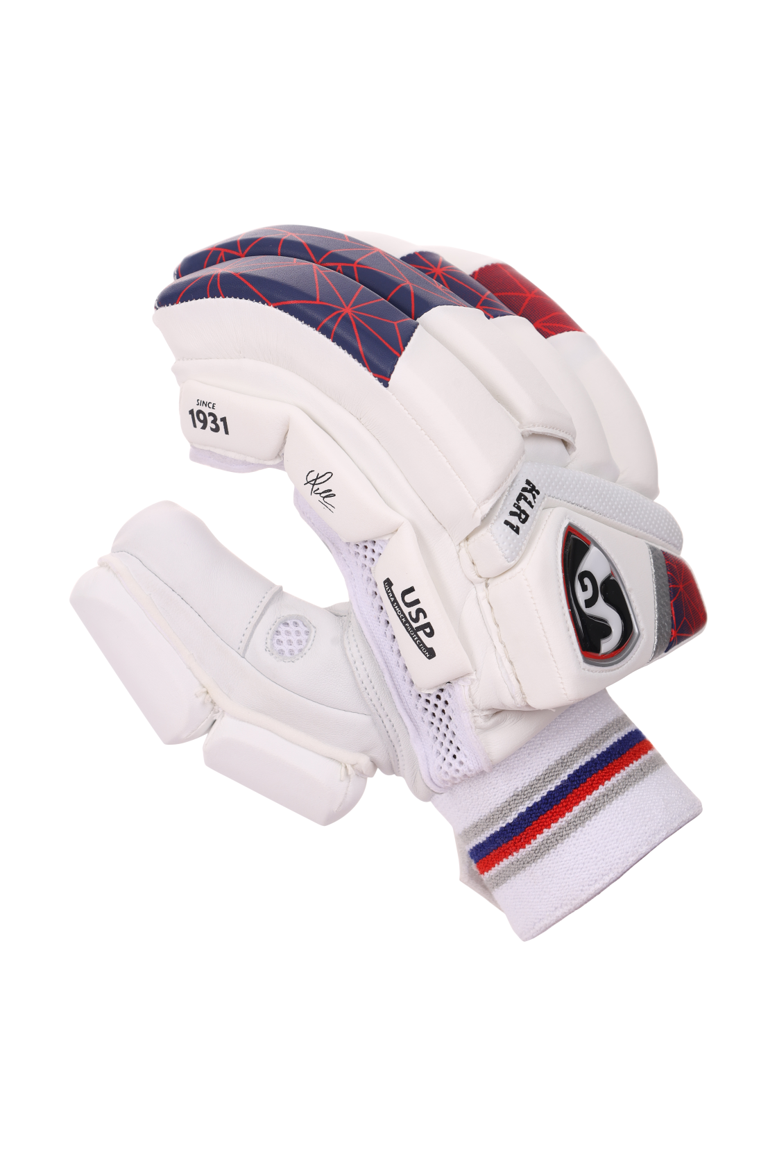 Wrist strap and fit of the white SG KLR 1 batting gloves