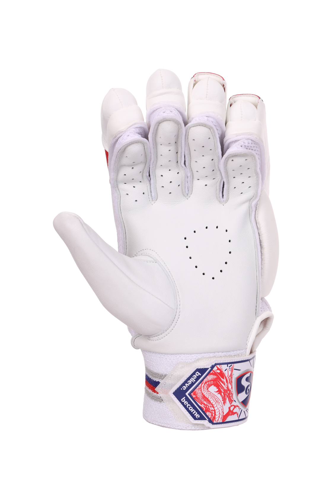 Padded back of the hand on the white SG KLR 1 batting gloves