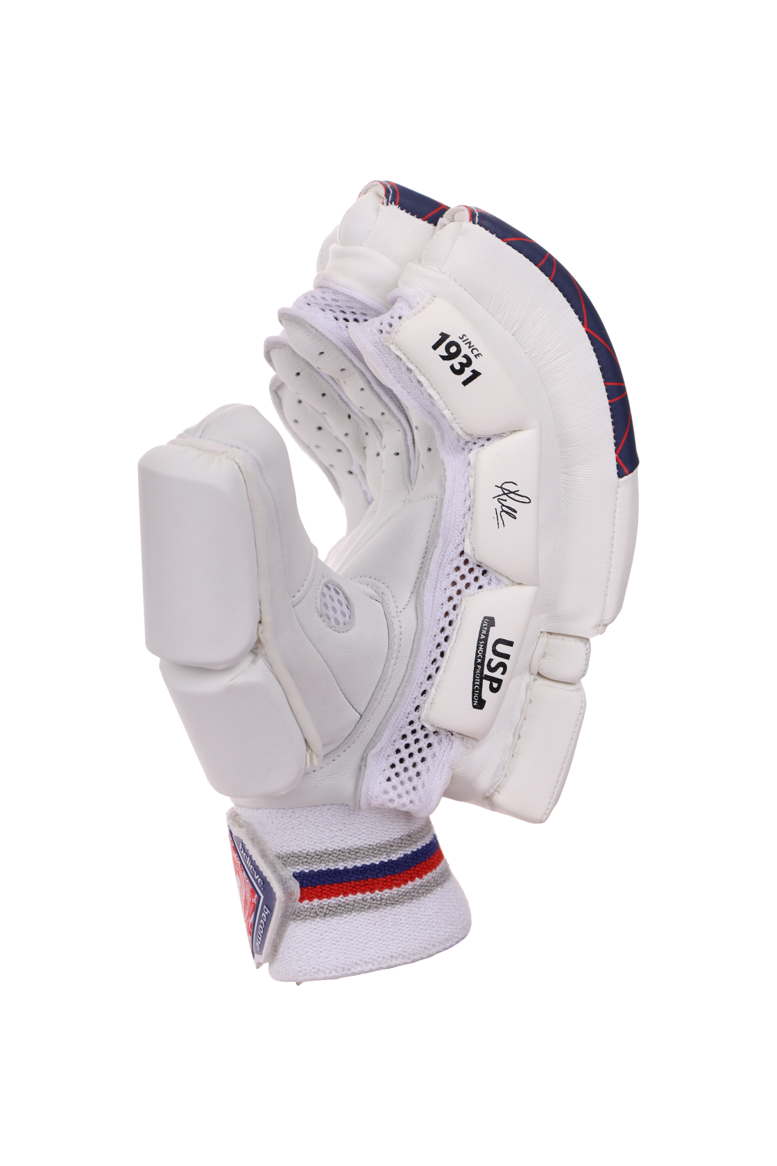 Thumb and cuff detail of the white SG KLR 1 batting gloves