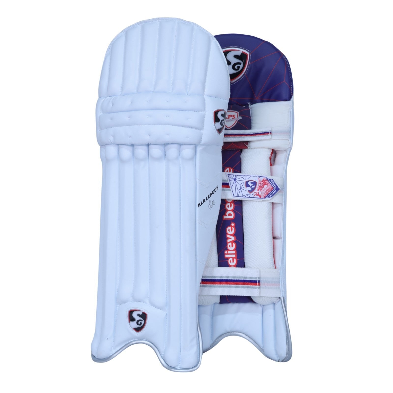 White cricket pad Pair of SG KLR League batting pads, front view of the cricket leg guards