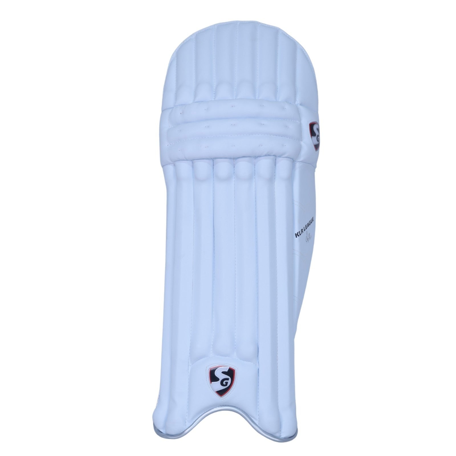 White cricket pad Smooth PU face detail on the SG KLR League leg guards