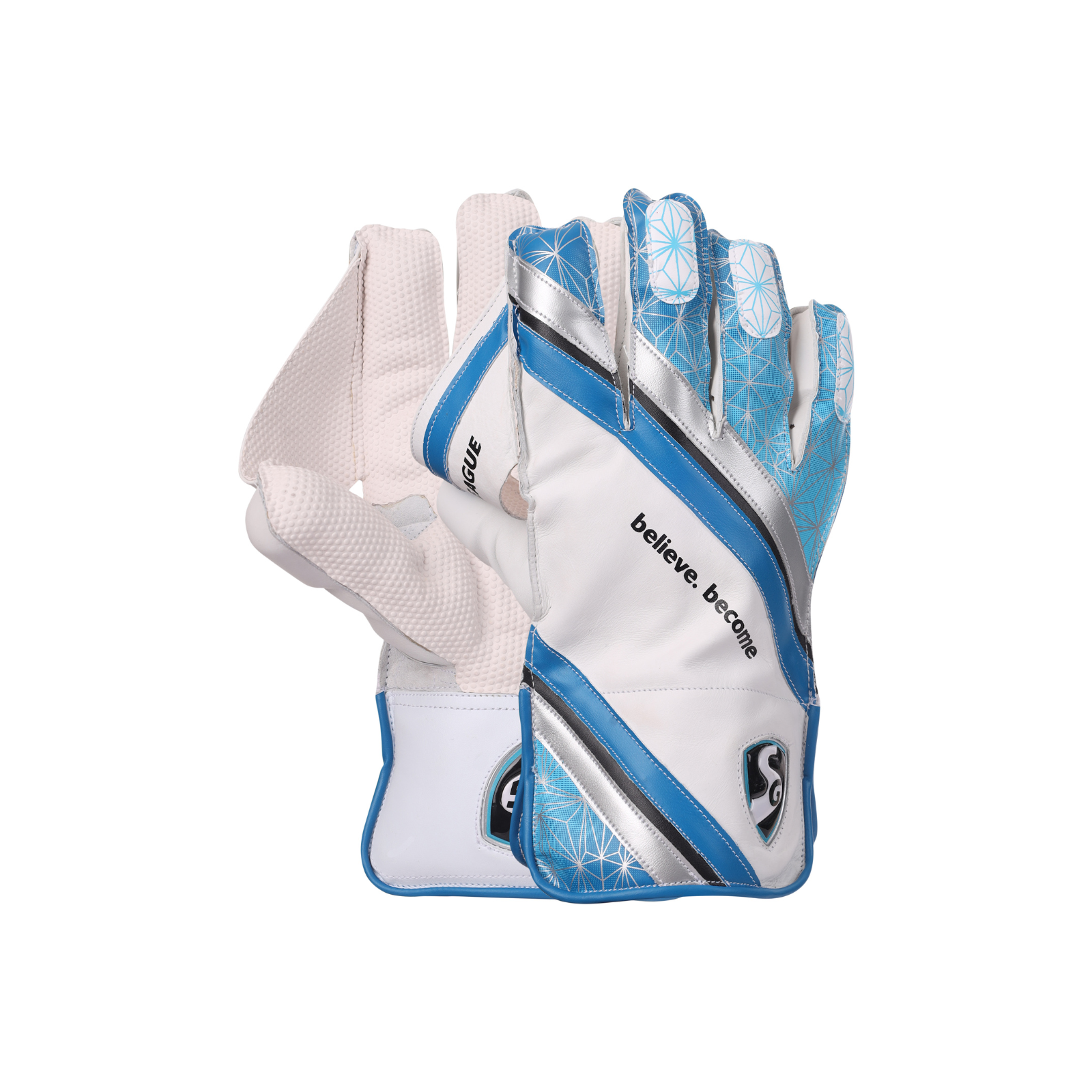 SG League wicket keeping gloves photographed as a pair on a plain background