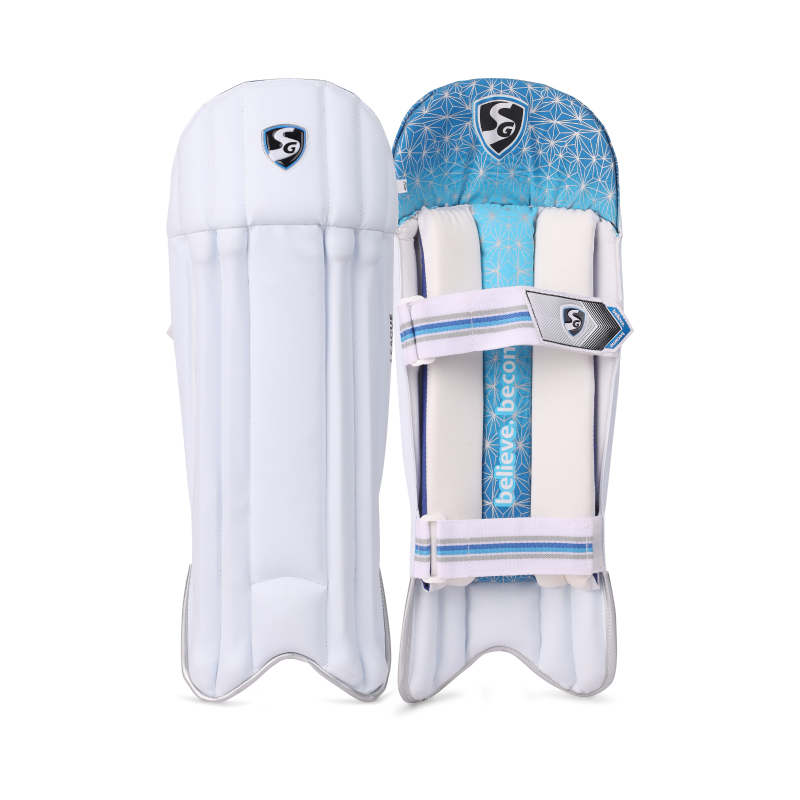 SG League wicket keeping pads, a pair of leg guards photographed on a plain background