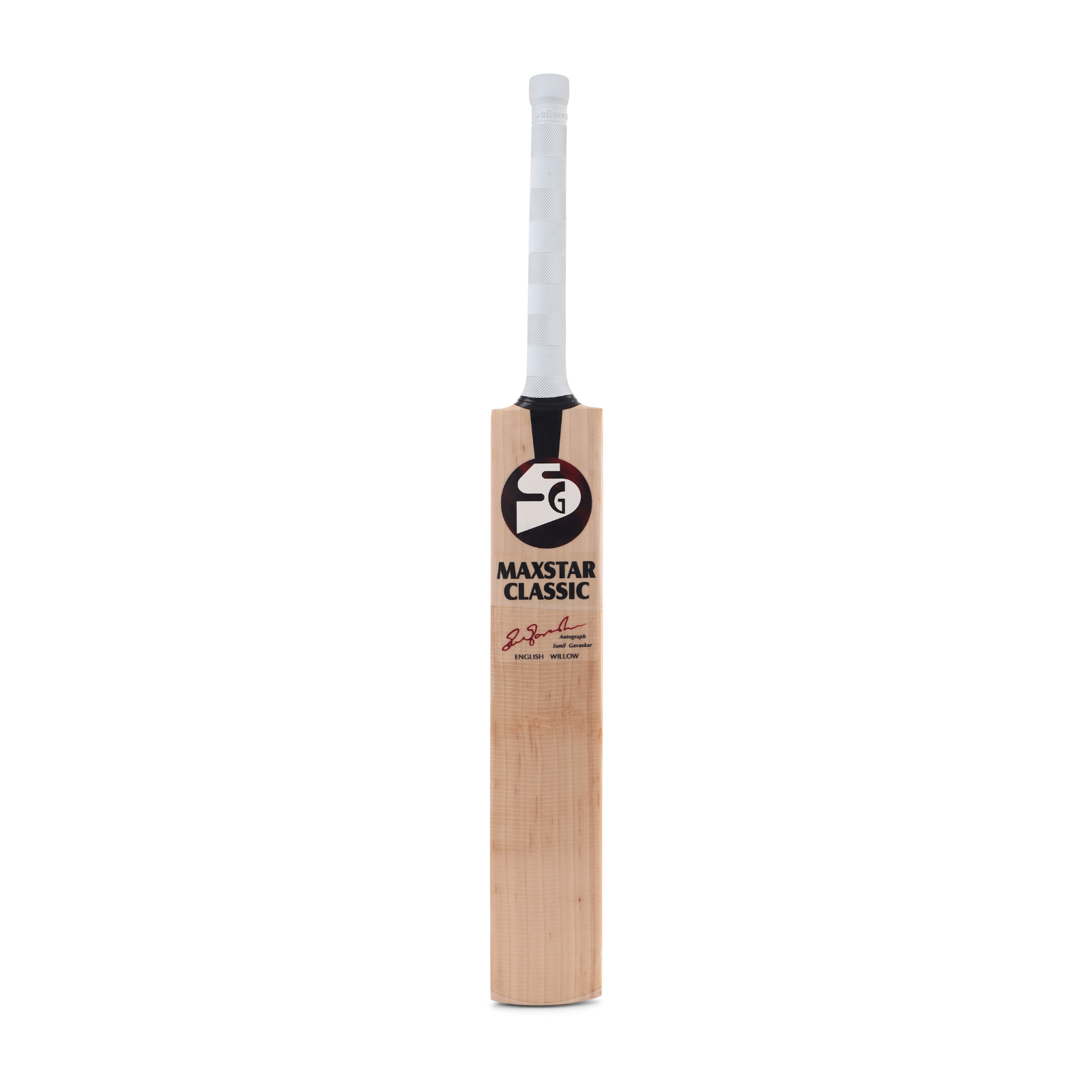 An SG Maxstar Classic English Willow Cricket Bat with a white cane handle, brown body, SG Maxstar Classic English willow cricket bat standing upright against a plain background