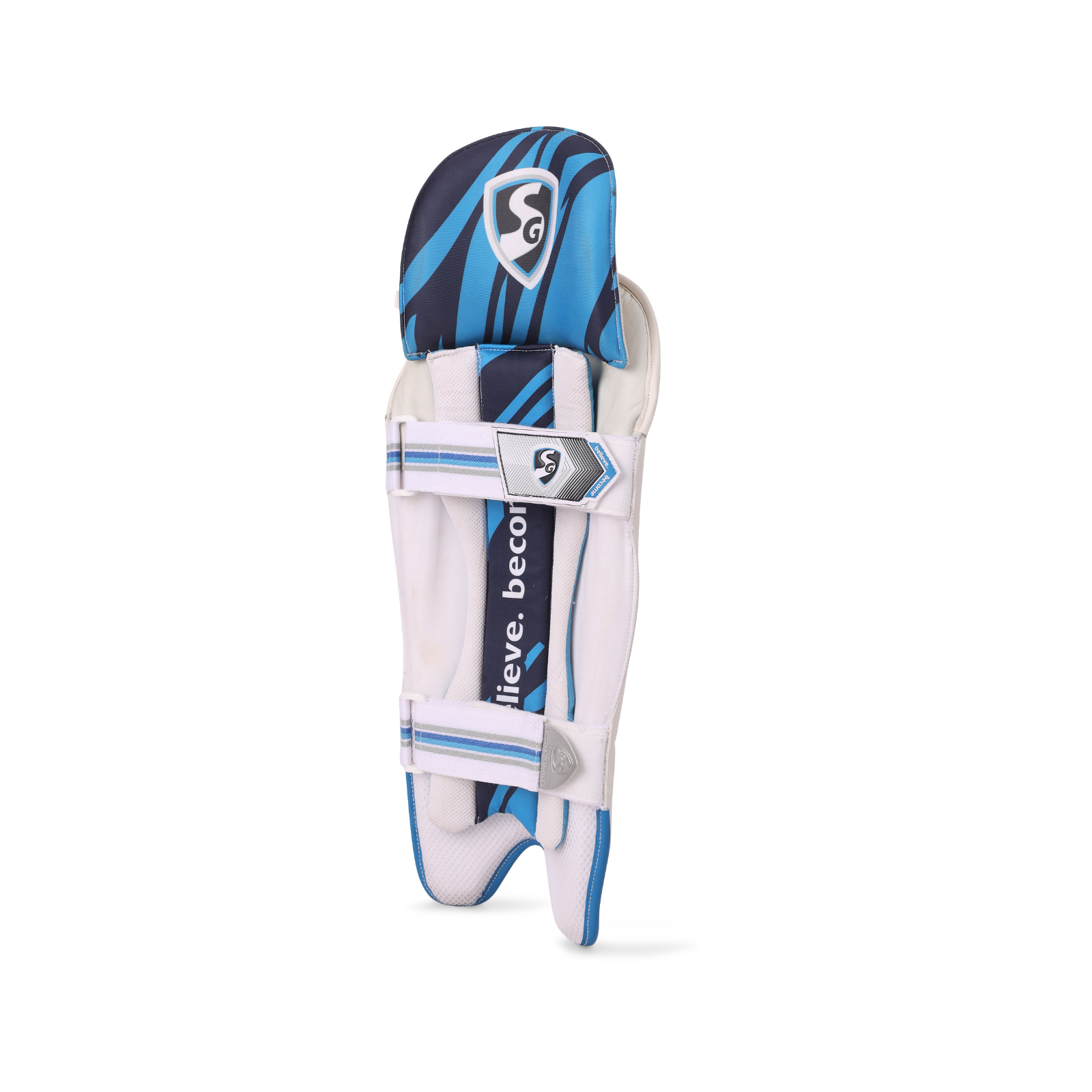 White and blue cricket pad Toe and lower section detail of the SG Megalite keeping pads