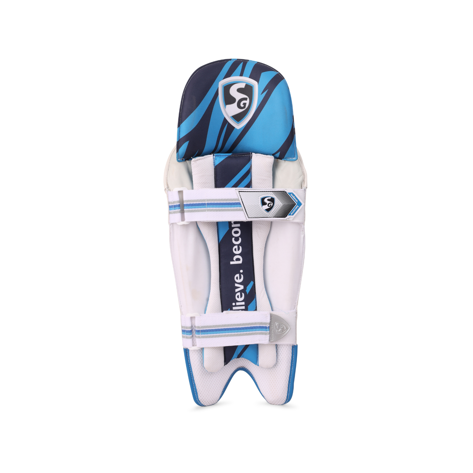 Blue and white cricket pad Flexible protective panels on the SG Megalite wicket keeping leg guards