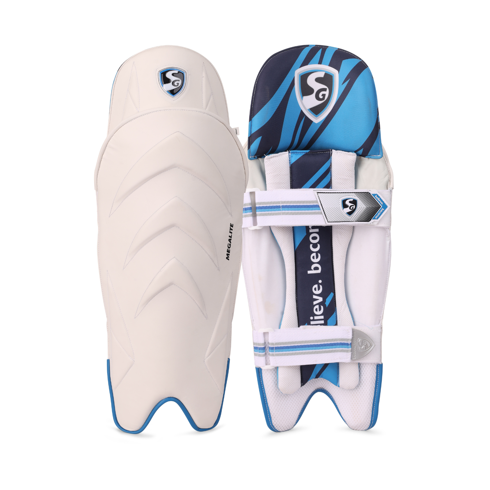 Pair of white and blue cricket pads SG Megalite wicket keeping pads, a pair of ultra-light leg guards on a plain background