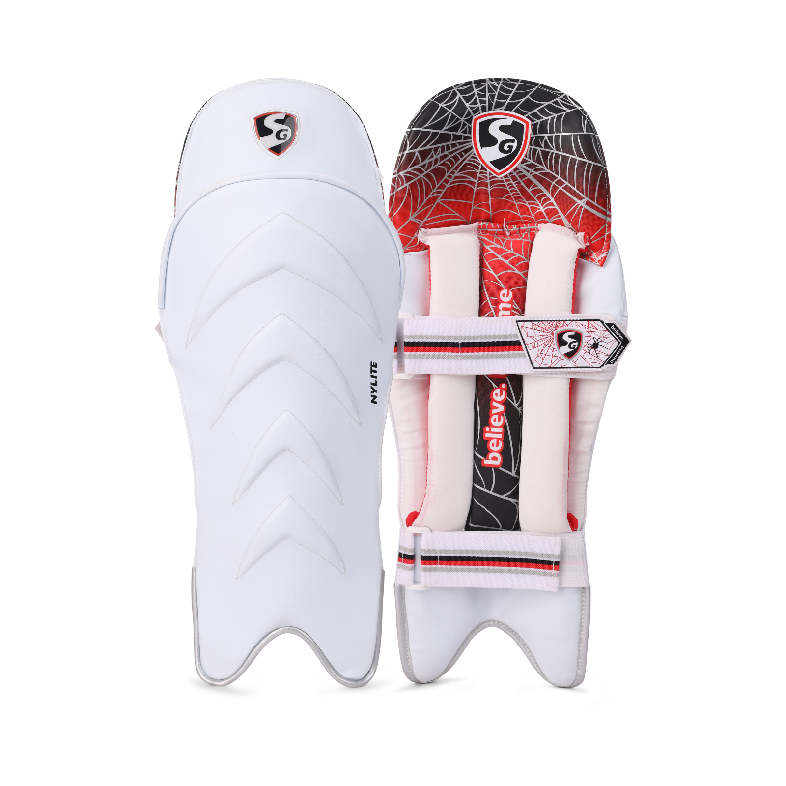 SG Nylite wicket keeping pads, a pair of lightweight leg guards on a plain background