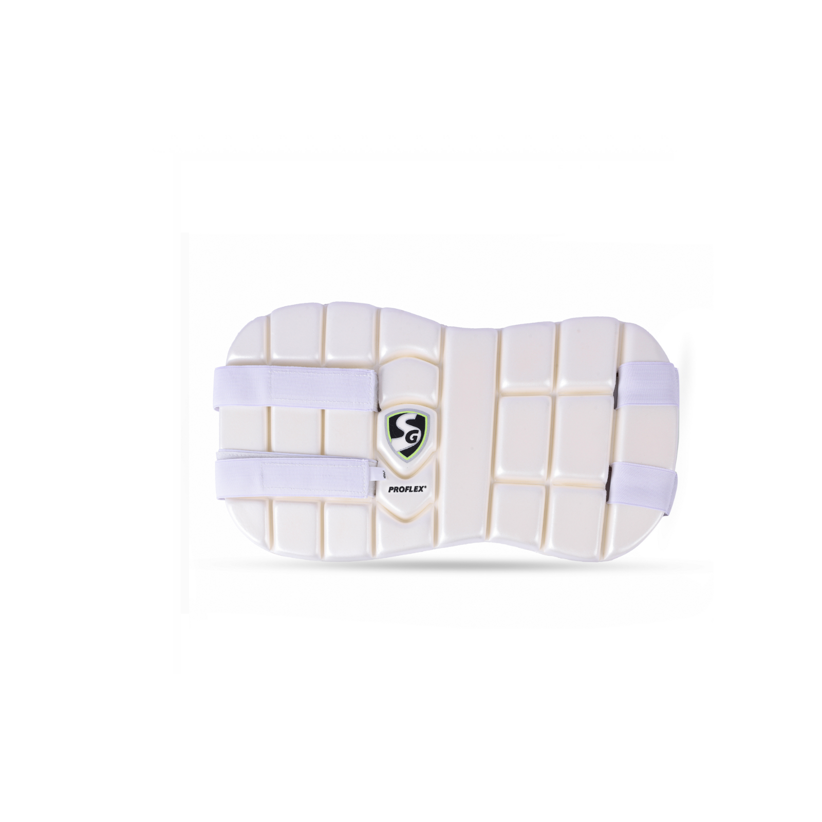 White athletic pad with grid SG Proflex cricket chest guard, front view with PU facing