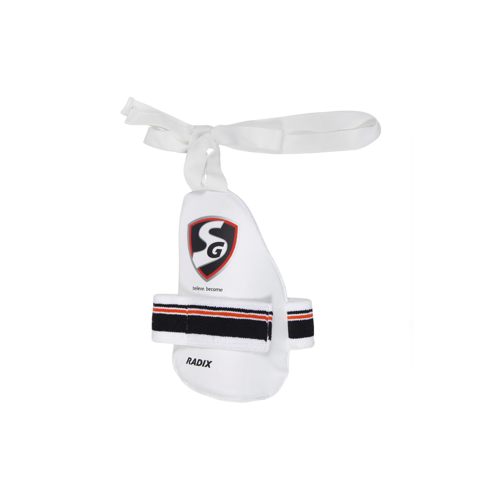 White athletic support with black and red SG Radix cricket thigh guard, front view with PU facing