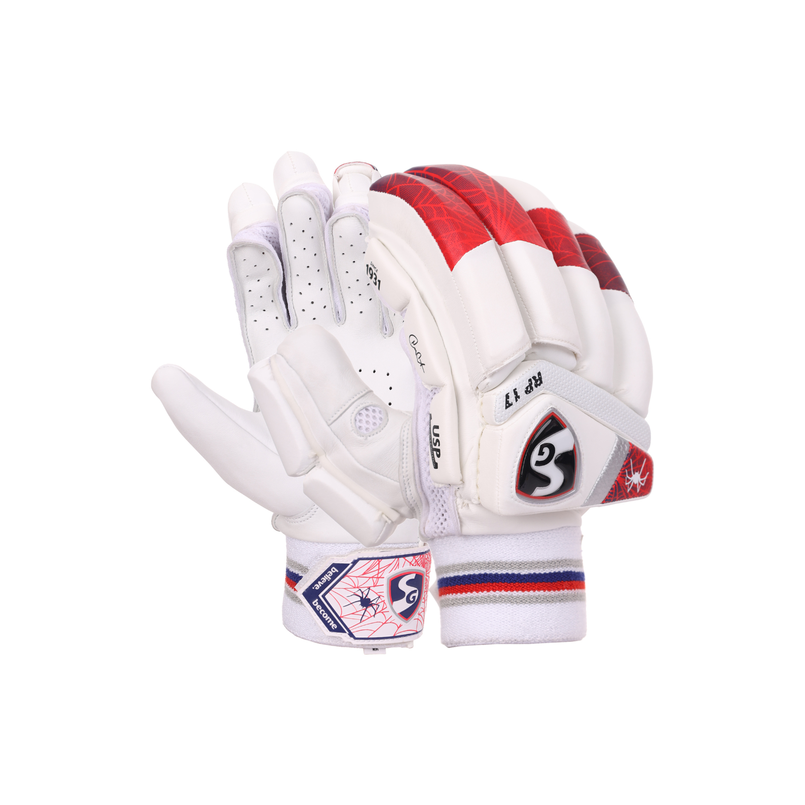 A pair of white, red, and gray SG RP 17 batting gloves with ventilation holes and protective padding.