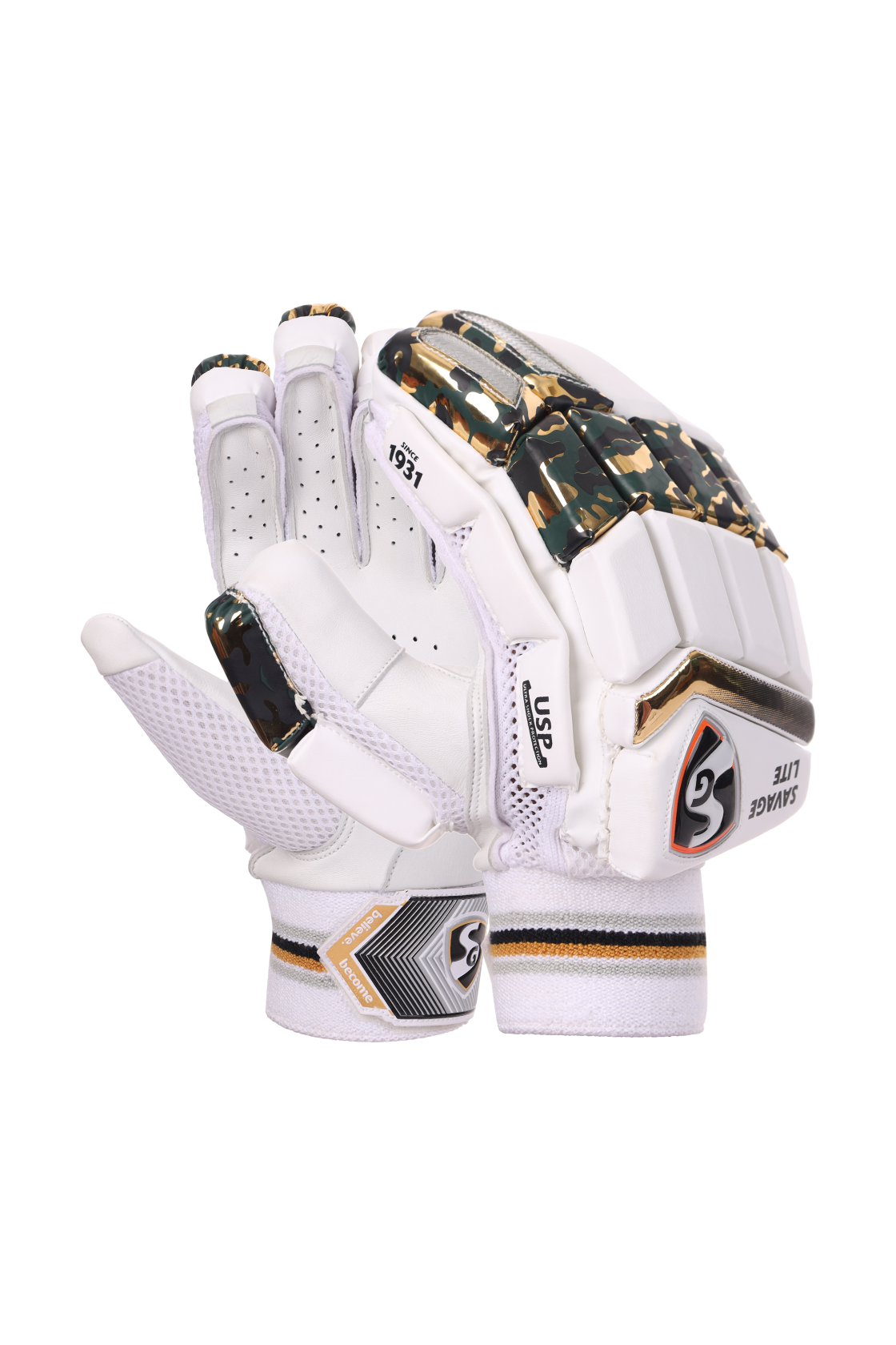 A pair of white SG Savage Lite batting gloves with black and gold Pair of SG Savage Lite batting gloves in a studio shot on a plain background