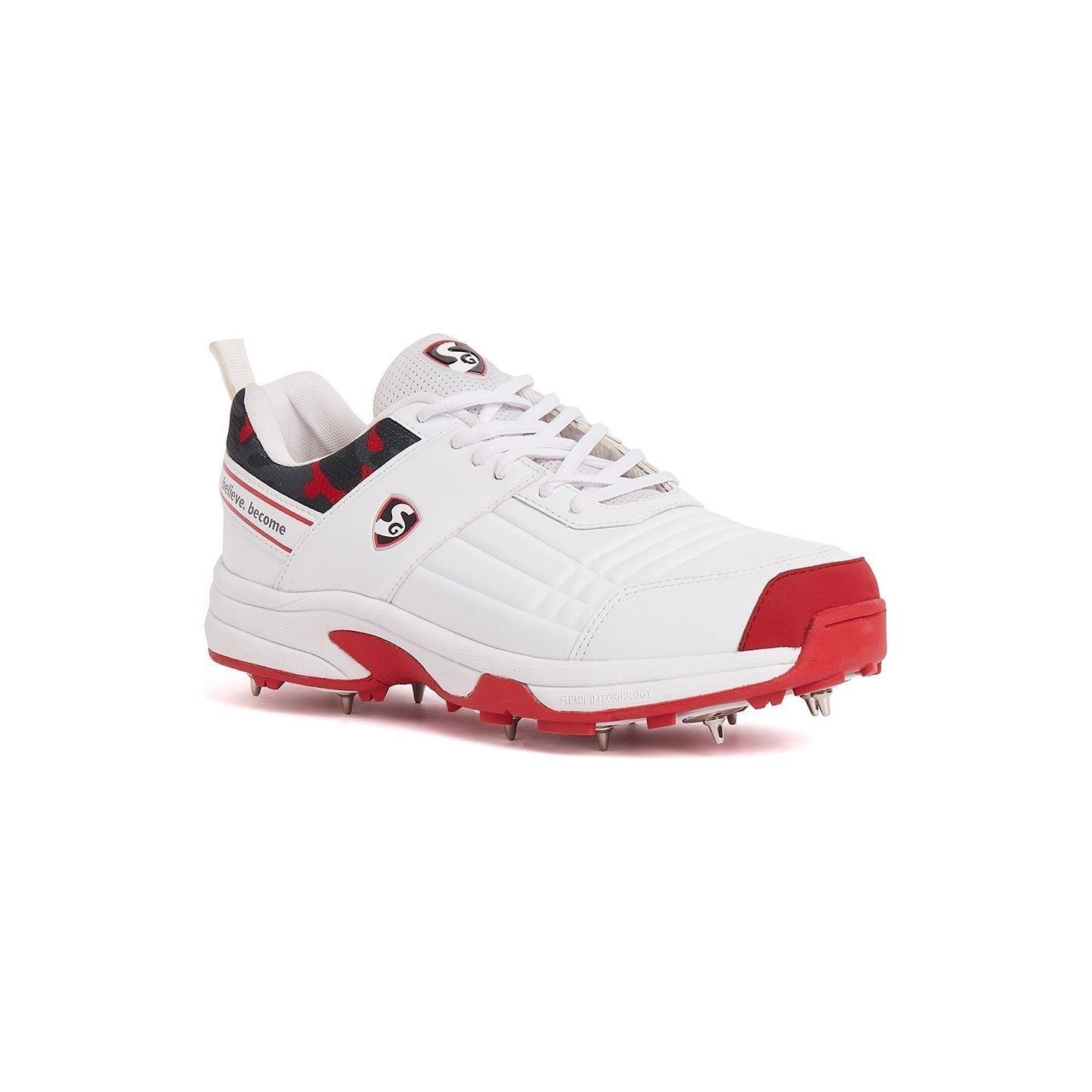 A pair of white SG Savage Spike 1.0 cricket shoes with red SG Savage Spike 1.0 cricket shoes with superior grip and performance design