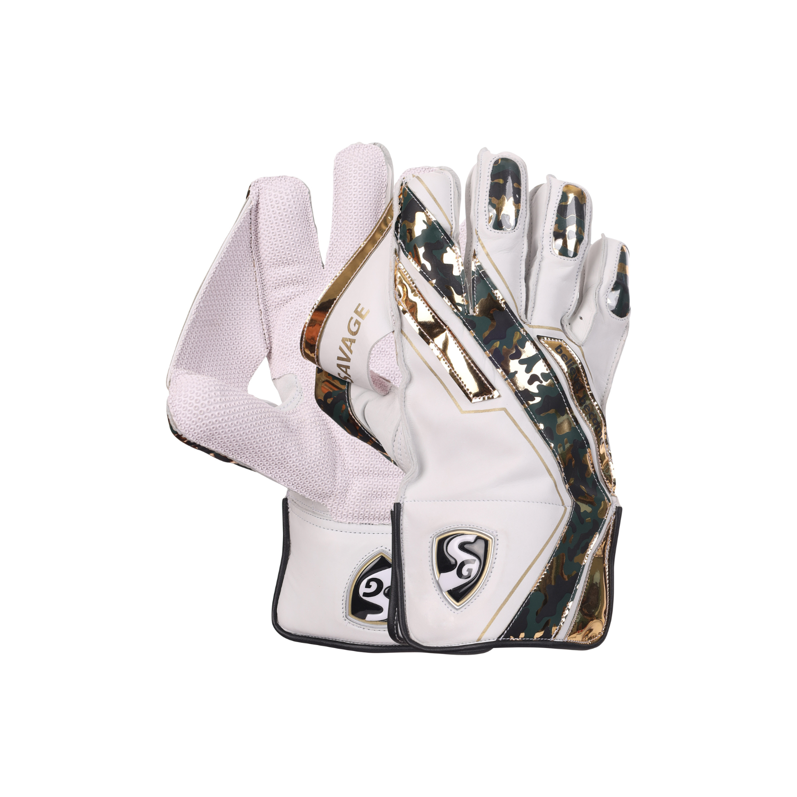 White sports gloves with gold and black Pair of SG Savage wicket keeping gloves, front view