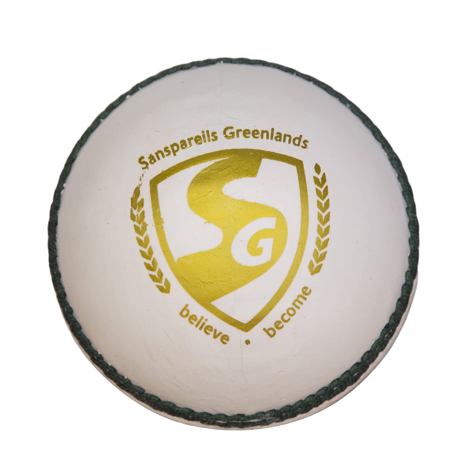 Close-up of the seam and stitching on the SG Shield 30 white cricket ball