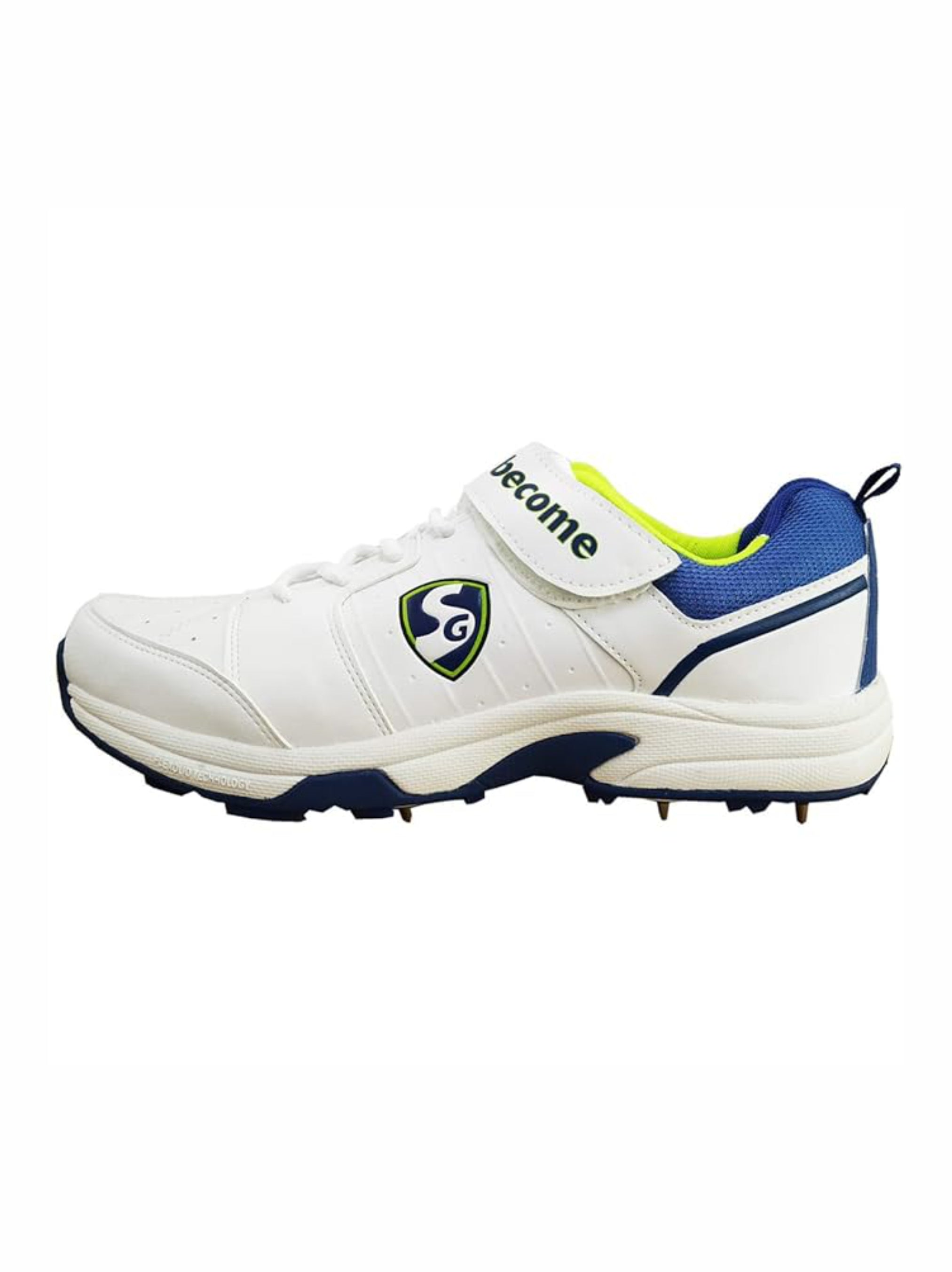 White cricket shoe with blue and green SG Sierra 2.0 cricket shoes with metal spikes for soft ground pitches