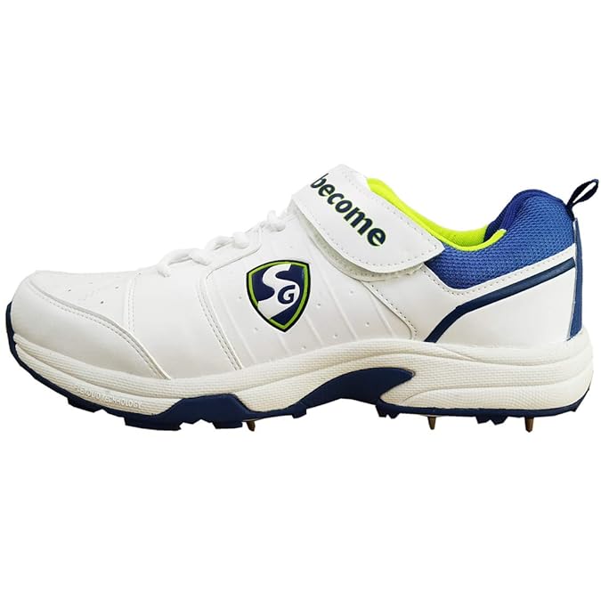 White sports shoe with blue and green SG Sierra 2.0 cricket shoes with molded EVA sole for comfort