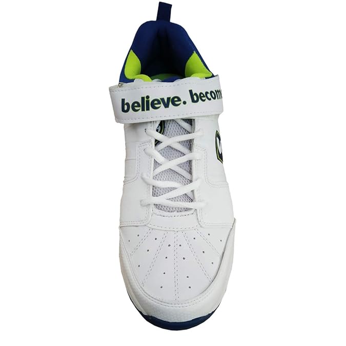 White sneaker with 'believe. become.' SG Sierra 2.0 lace-up cricket shoes with secure fit design