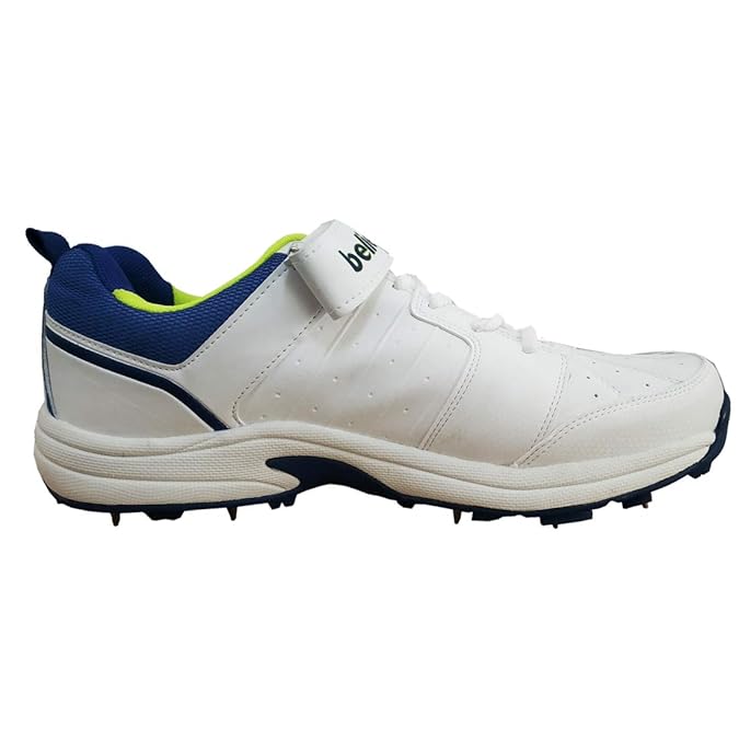 A pair of white SG Sierra 2.0 cricket shoes with blue accents and metal spikes on the sole SG Sierra 2.0 men's cricket shoes with lightweight EVA cushioning