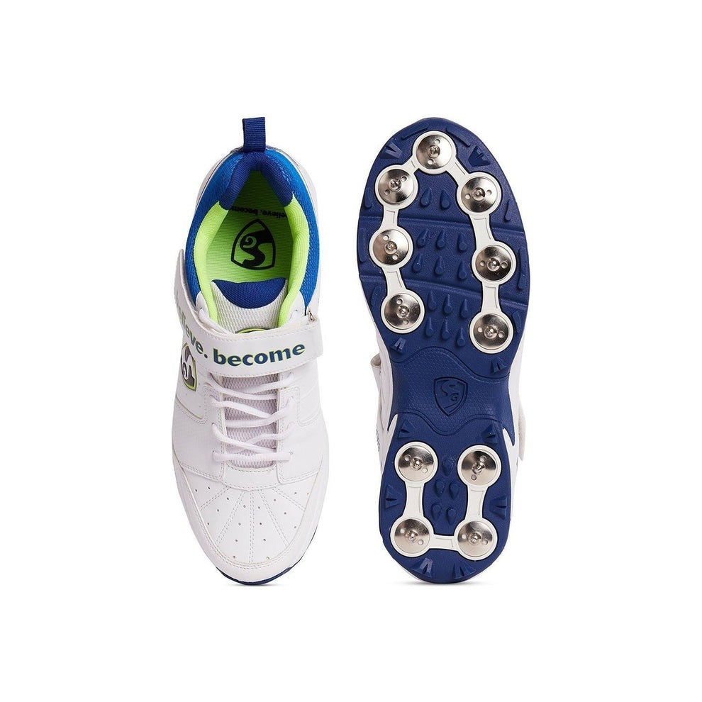 White athletic shoe with blue sole and cleats SG Sierra 2.0 cricket footwear with high-grade PU upper design