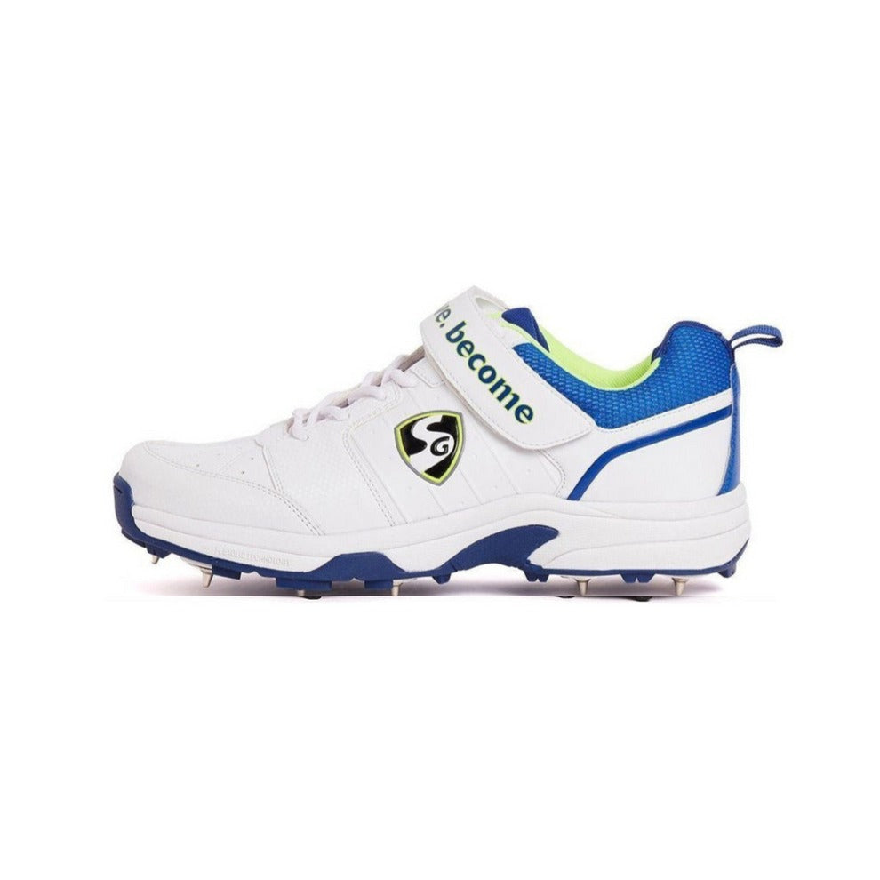 White sports shoe with blue SG Sierra 2.0 soft ground cricket shoes with superior traction