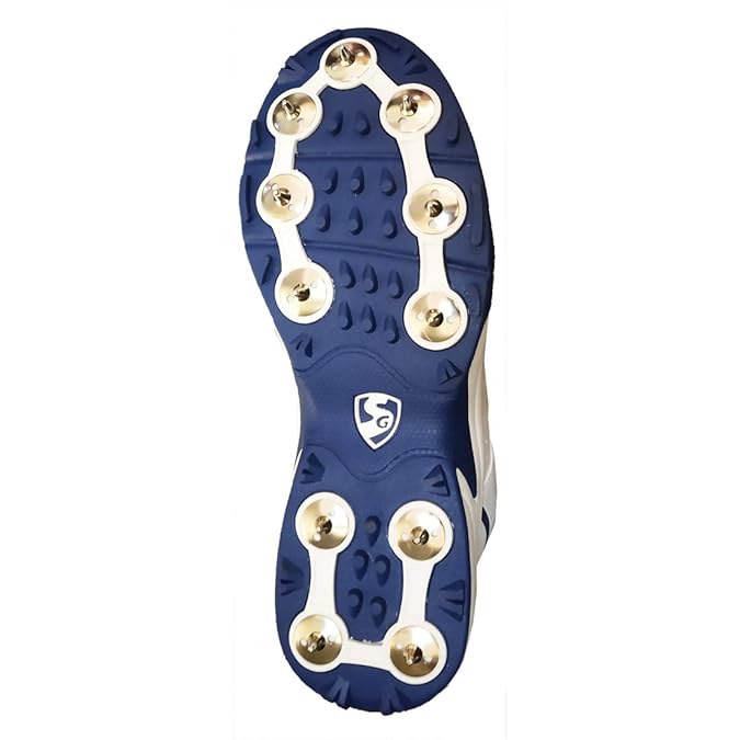 Close-up of a blue and gold cleat sole SG Sierra 2.0 spike cricket shoes for club and professional matches