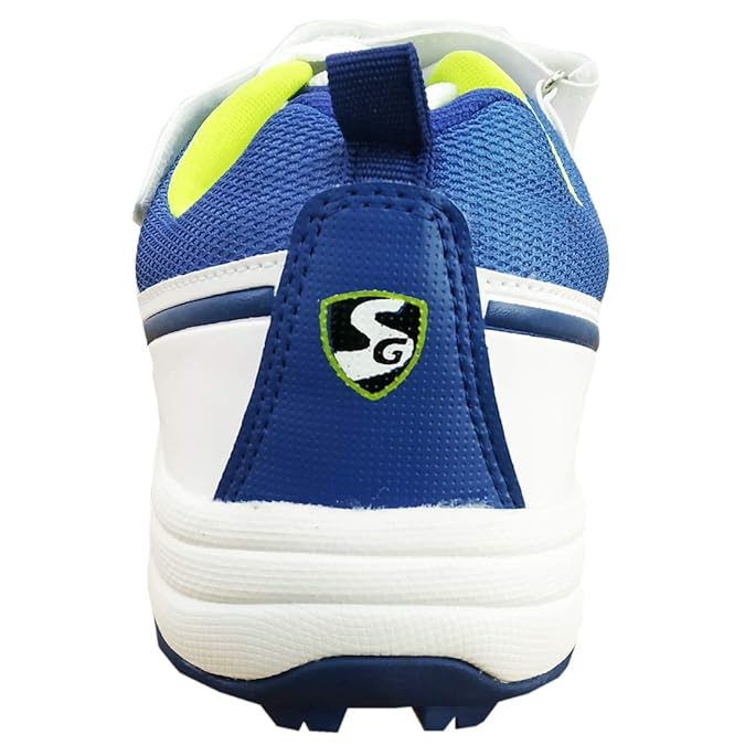 Blue and white athletic shoe with a brand logo SG Sierra 2.0 white cricket shoes with lime and blue accents