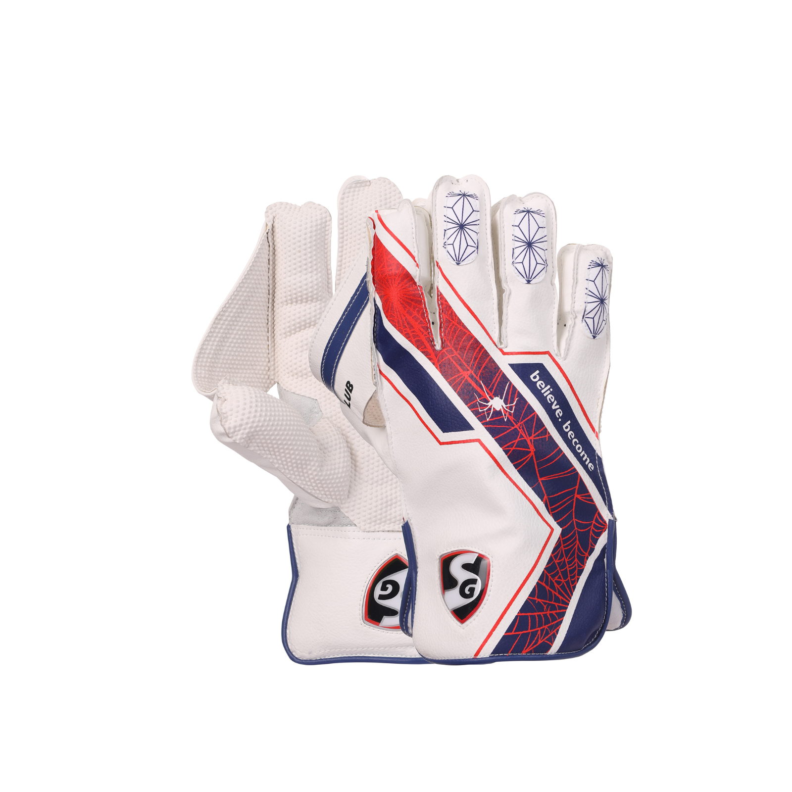 Pair of SG Super Club wicket keeping gloves, front view