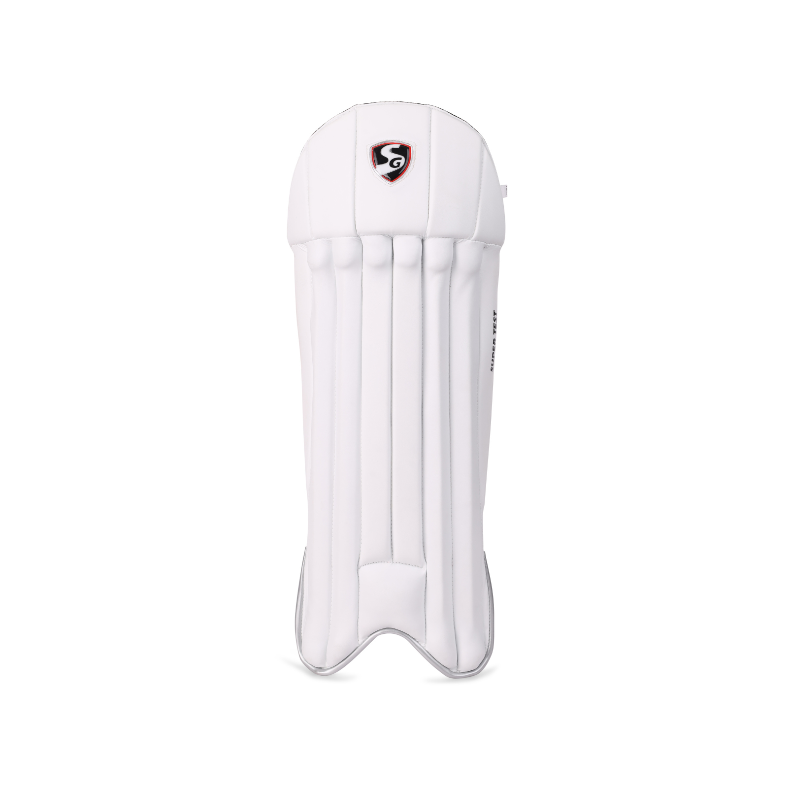 Side profile of the SG Super Test wicket keeping leg guards showing shape and padding