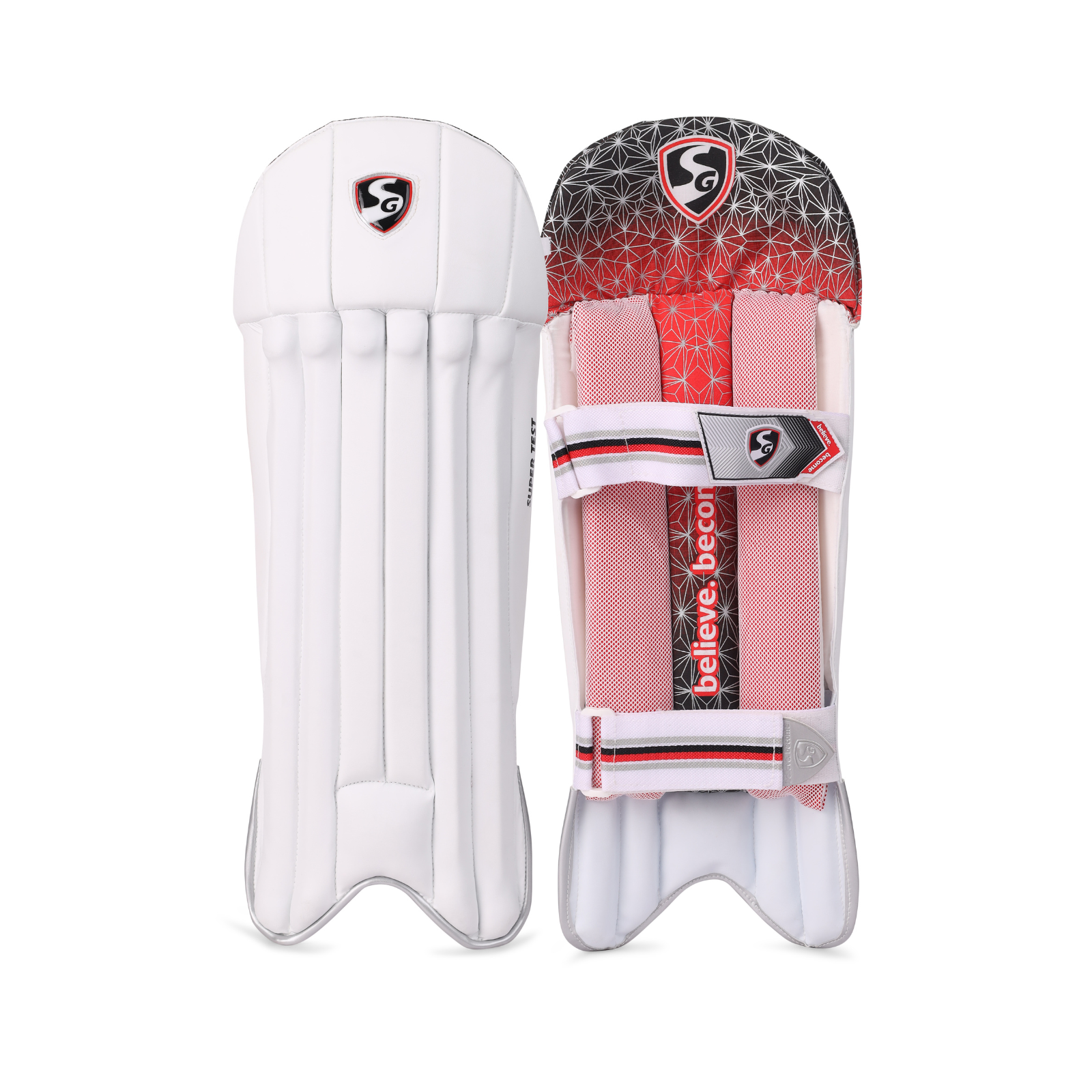 Pair of cricket pads SG Super Test wicket keeping pads, a pair of elite leg guards on a plain background