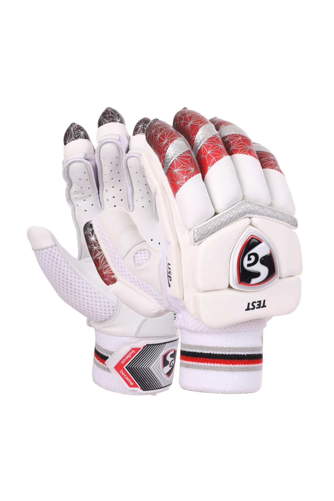 Pair of white cricket gloves with red and black Pair of SG Test batting gloves, match-ready cricket gloves on a plain background
