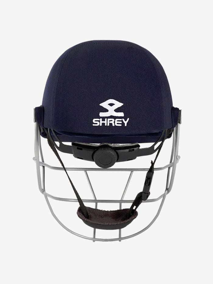 Navy blue cricket helmet with metal grill Close-up of the steel visor and grille on the Shrey Classic cricket helmet