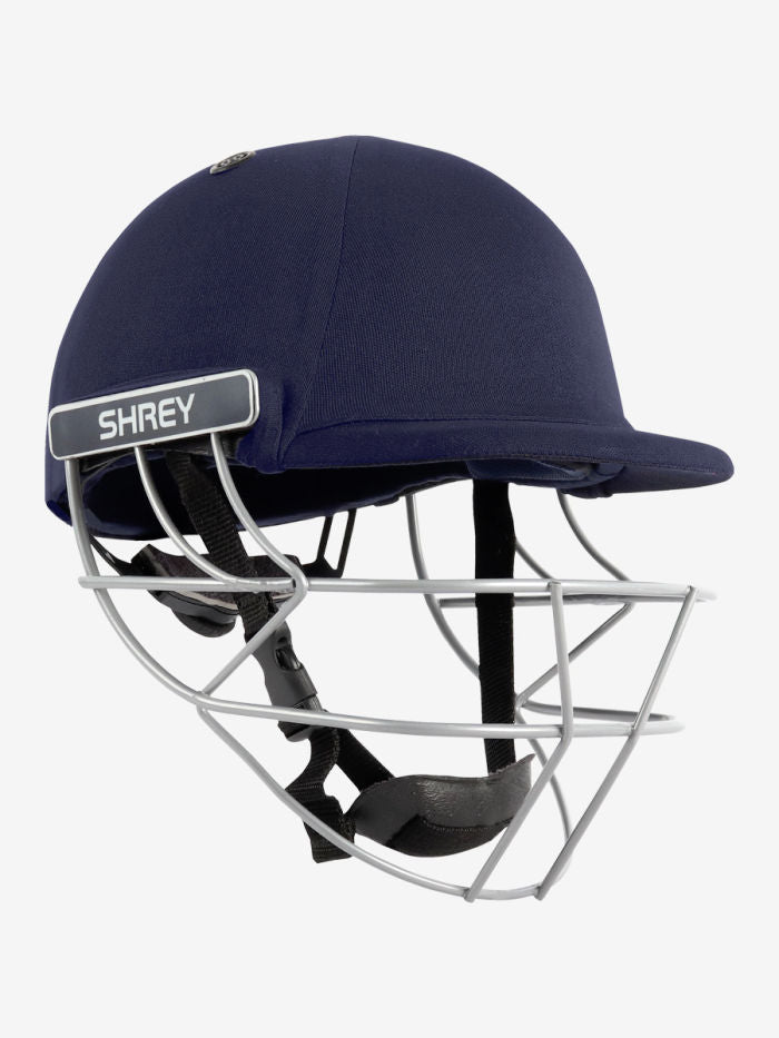 Navy blue cricket helmet with a metal grill Shrey Classic cricket helmet with steel grille and visor, front view