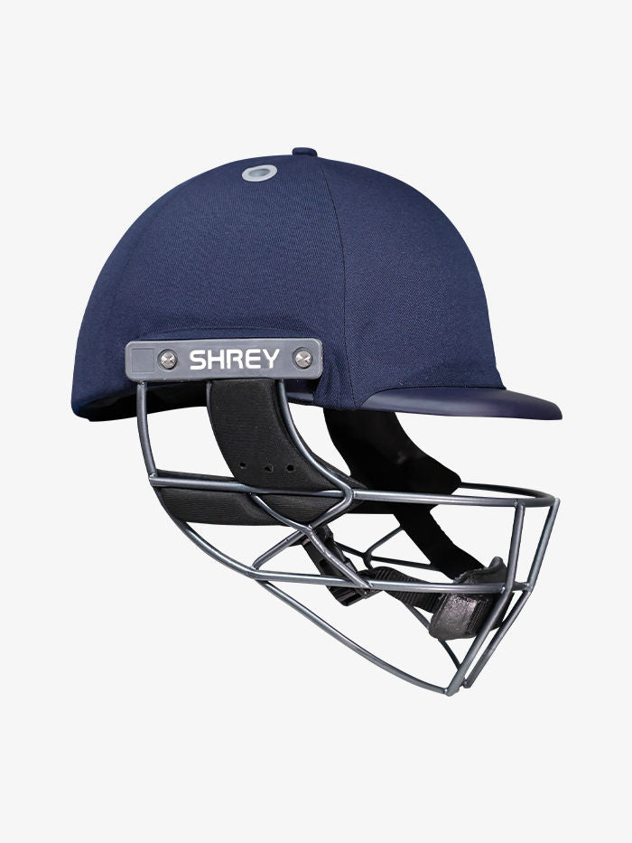 Navy blue cricket helmet with metal face guard Shrey Elite Pro SS cricket helmet with steel grille, front view