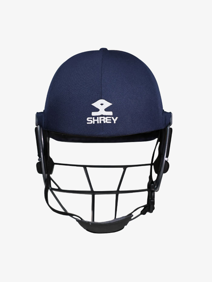 Navy blue cricket helmet with black face guard Ventilation openings on the Shrey Elite Pro SS cricket helmet
