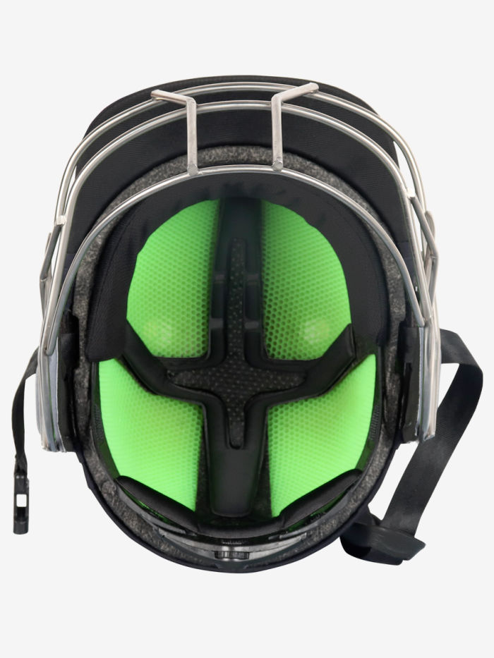 Helmet with green interior and black exterior Ventilation and comfort padding inside the Shrey Koroyd SS cricket helmet