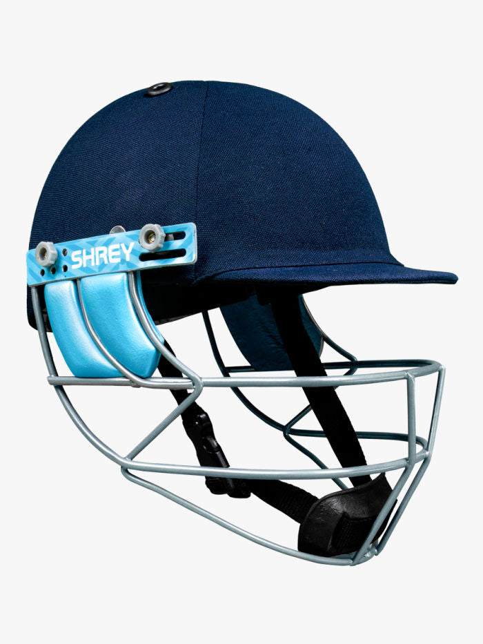 Navy blue cricket helmet with a face guard Shrey Match 3.0 cricket helmet with steel grille, front view